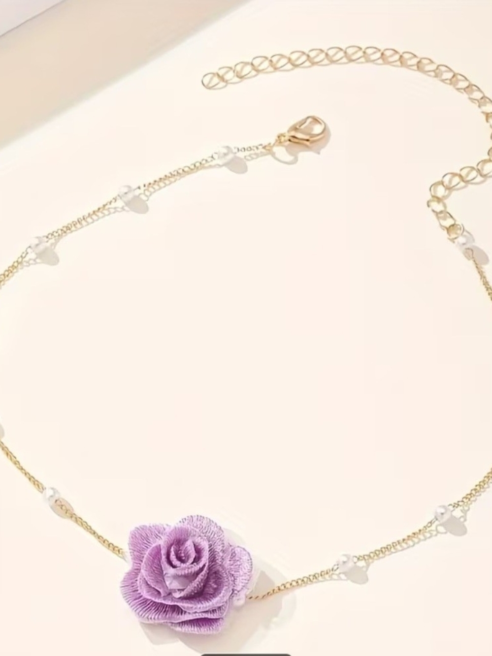 Gold Chain Necklace Choker with Lavender Fabric Rose